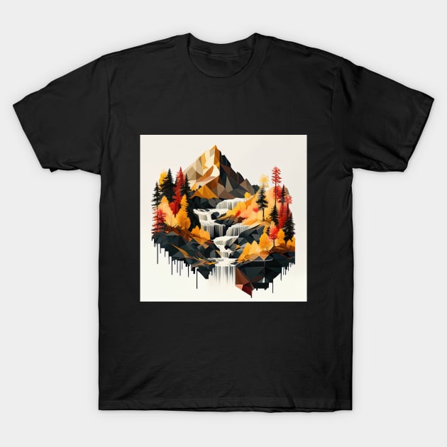 Geometric Autumn Mountain Forest Waterfall T-Shirt by The Art Mage